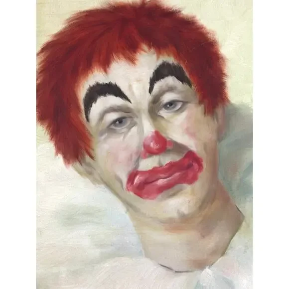 Vintage Signed Sad Clown Oil Painting by WREN ’79 Framed Original Artwork MCM